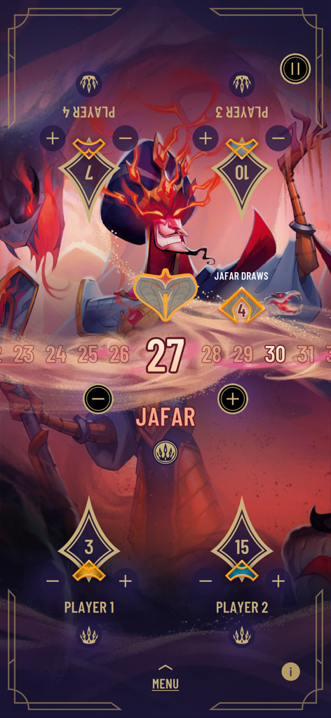 The multiplayer lore counter feature in the Disney Lorcana TCG app with Jafar art