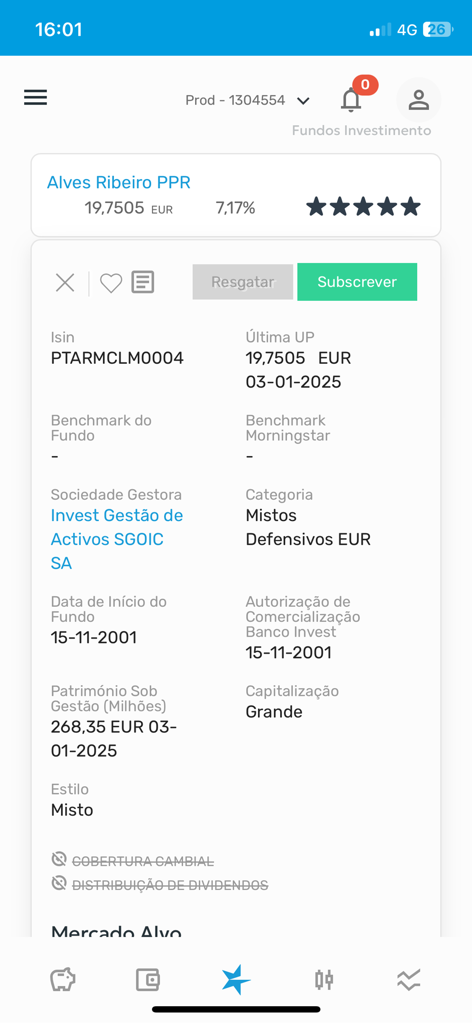 Alves Ribeiro PPR investment fund details page on the Banco Invest mobile app.