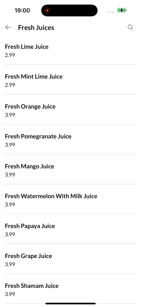 Vibe Cafe & Kitchen - Vibe Cafe and Kitchenアプリのメニューにある、新鮮なジュースと価格のリスト。