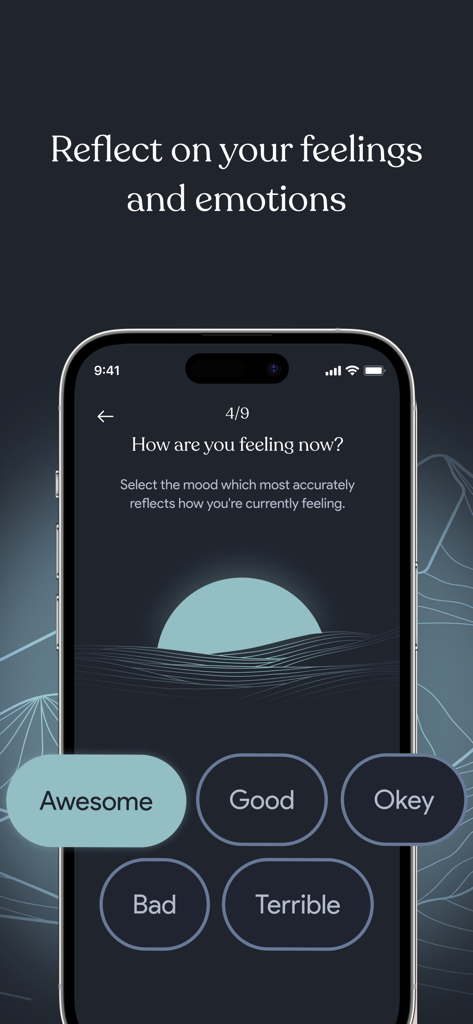 Mood AI - Daily journal - Mood AI App tägliche Reflexionsseite, auf der gefragt wird, wie sich der Benutzer fühlt