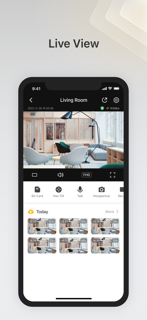 IPC360 Home - IPC360 Home mobile app interface showing a live camera feed of a living room with monitoring controls