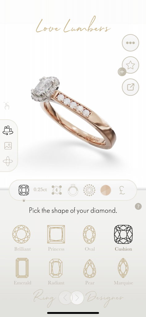 Engagement Ring Designer - Interface of the Engagement Ring Designer app showing options to pick diamond shapes like cushion, brilliant, and oval for a rose gold ring.