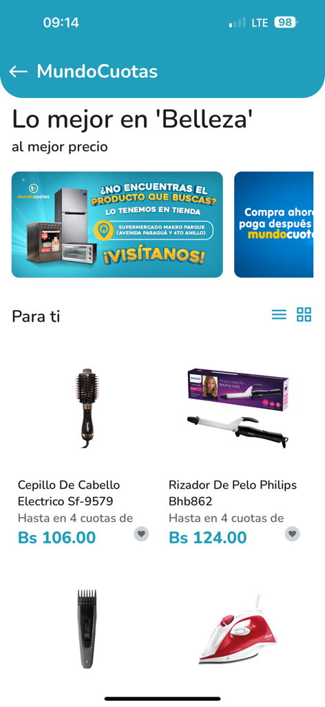 TeLoCompro - TeLoCompro app beauty section showing hair styling tools with payment installments
