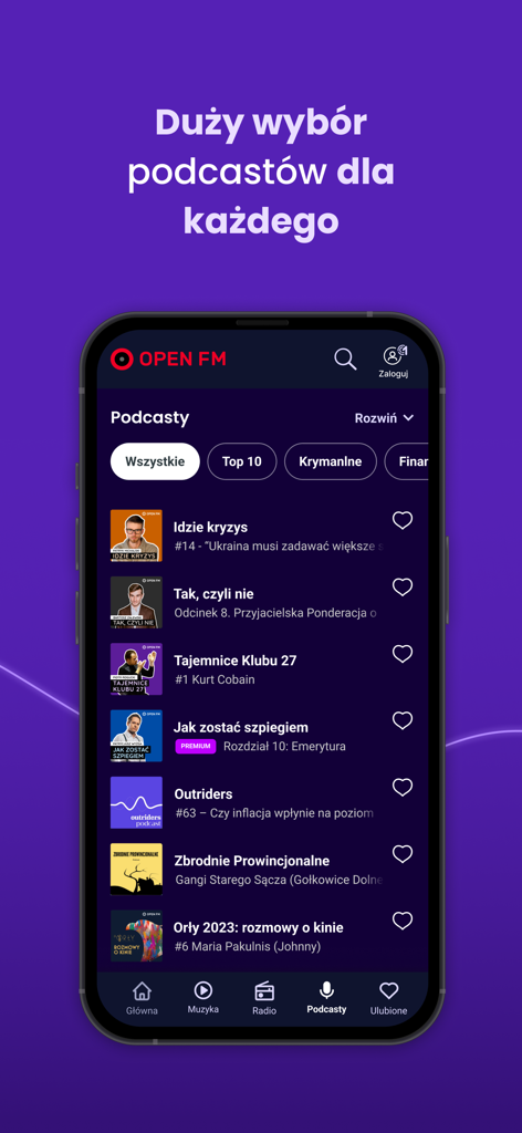 Open FM - A smartphone screen showing the Open FM app interface with a large list of Polish language podcasts.
