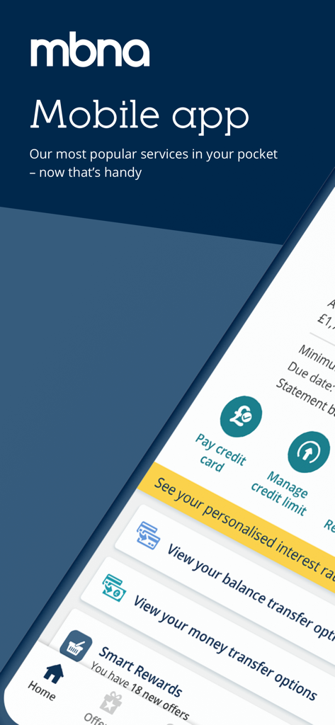 MBNA mobile app interface showing credit card management features and smart rewards
