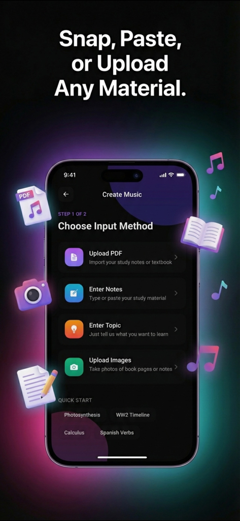 StudyBeats: AI Song Generator - Interface of StudyBeats app showing options to upload PDF, enter notes, or snap photos of study materials to generate AI songs.