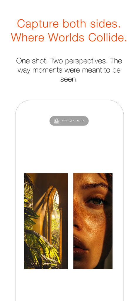 Capria - A side-by-side dual perspective composition showing a sunlit archway and a close-up portrait in the Capria app interface