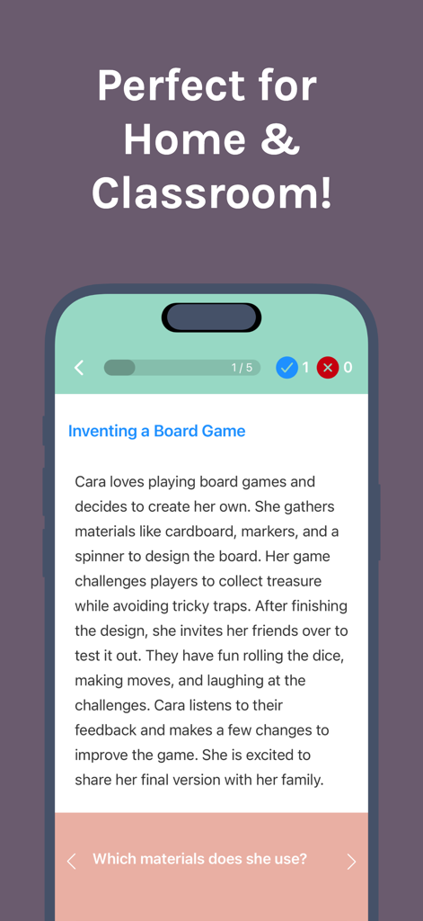 Master Reading Comprehension - La aplicación Domina la Comprensión Lectora mostrando una historia corta y un cuestionario interactivo para estudiantes de primaria