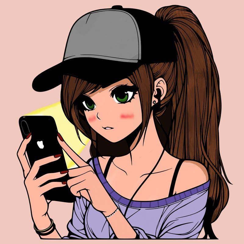 realistic girl with a long ponytail and trucker hat holding an iphone