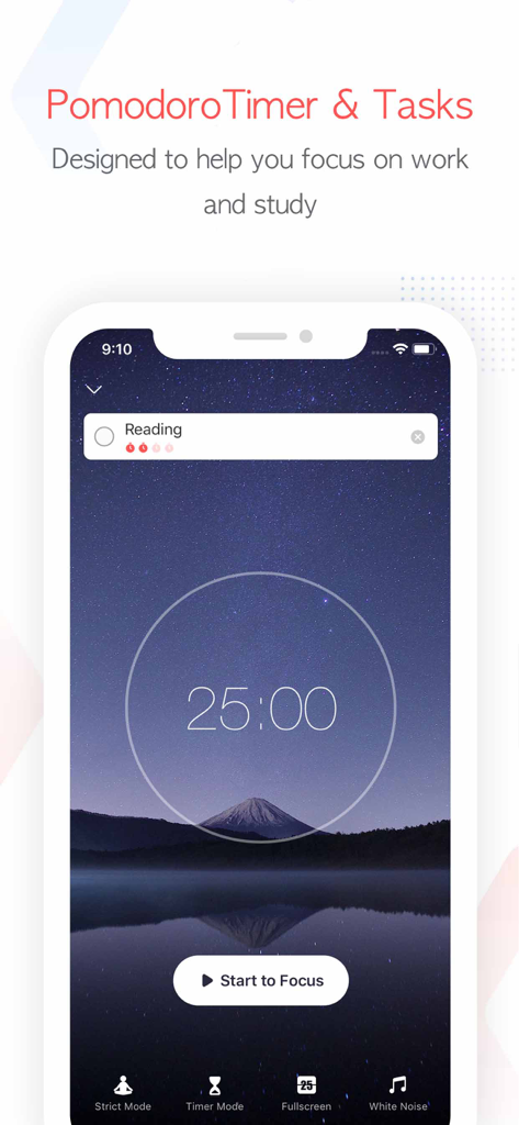 Focus To-Do: Focus Timer&Tasks - Focus To-Do App-Oberfläche, die einen 25-minütigen Pomodoro-Timer und eine Leseaufgabe vor einem malerischen Bergpanorama anzeigt