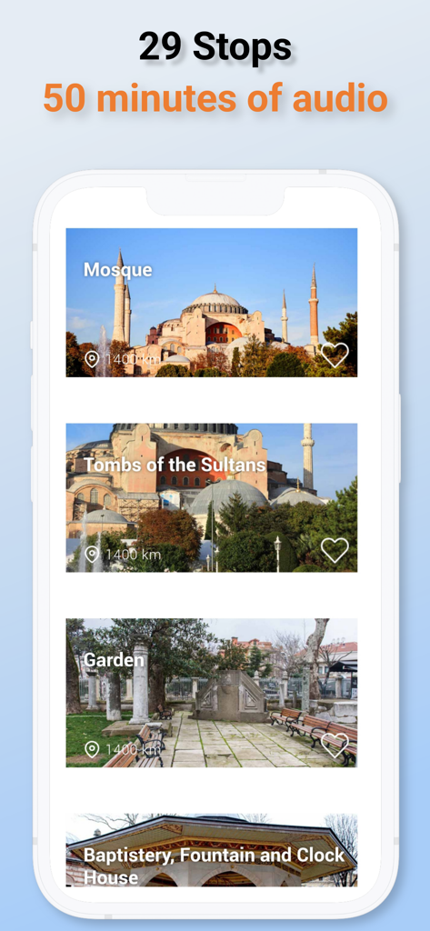 Audio Guide to Hagia Sophia - App interface showing a list of 29 tour stops and 50 minutes of audio for the Hagia Sophia guide