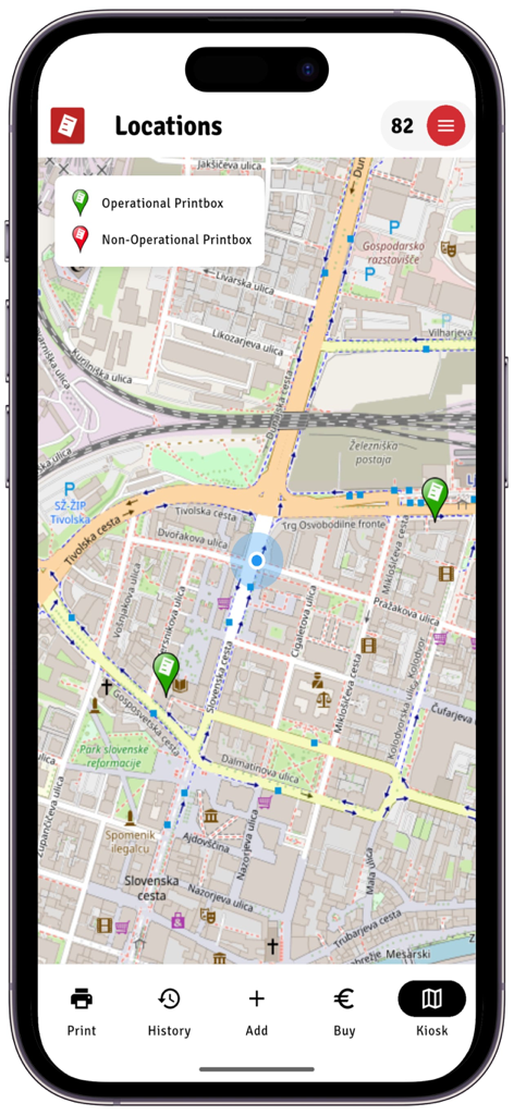 Printbox - Document printing - Printbox 앱 지도 화면으로 가까운 셀프 서비스 인쇄 키오스크 위치를 보여줍니다.
