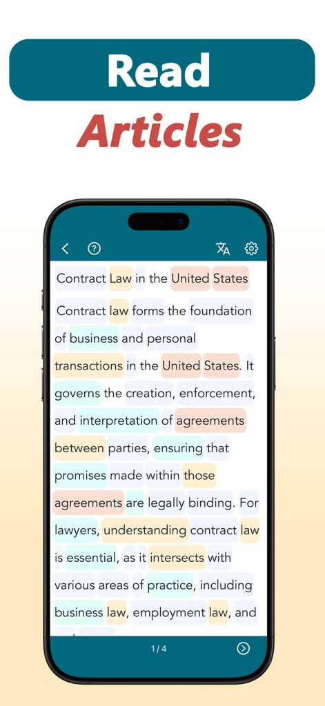 Legal English: Learn Language - Écran de smartphone affichant un article sur le droit des contrats américain avec des termes juridiques mis en surbrillance dans l'application Legal English.