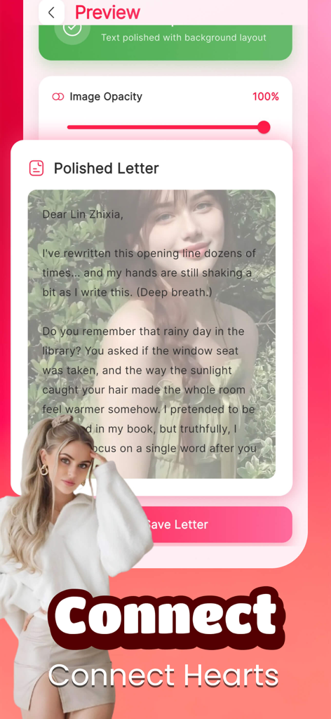 Mulm - Una vista previa de una carta pulida por IA en la aplicación Mulm con una imagen de fondo y un control deslizante de opacidad.