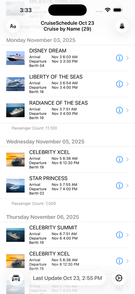 A list of cruise ship arrivals and departures with terminal assignments and schedules at Port Everglades.