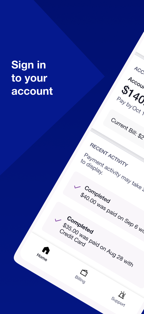 Mobile interface of the National Grid app displaying account balance and recent payment history