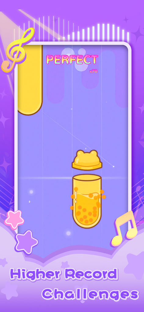 Dream Notes - Cute Music Game - Gameplay screen of Dream Notes music game showing a cute boba tea tile on a purple background with a perfect score indicator