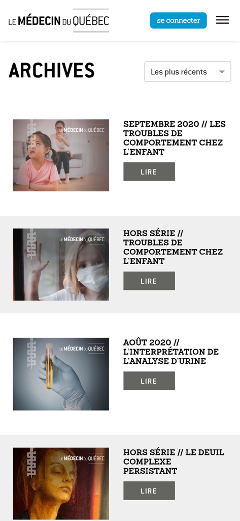 Le Médecin du Québec - Screenshot of the archives section in the Le Medecin du Quebec mobile app showing medical journal issues