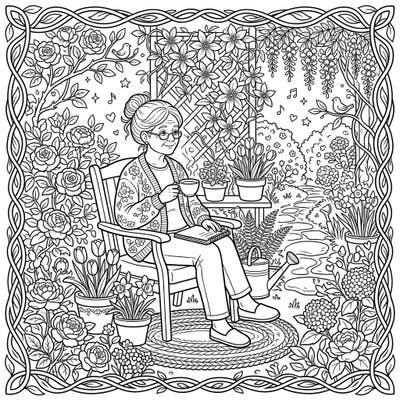 Immerse yourself in the tranquility of a spring garden with this delightful coloring page. Featuring an elderly woman enjoying a moment of quiet reflection amidst blooming flowers, it's perfect for a relaxing artistic escape.