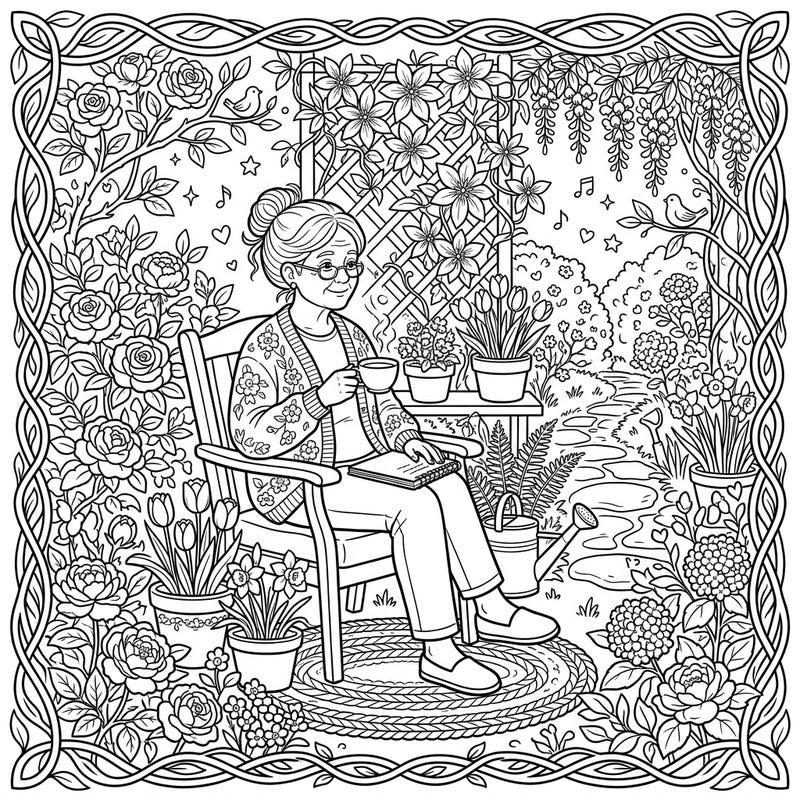 Immerse yourself in the tranquility of a spring garden with this delightful coloring page. Featuring an elderly woman enjoying a moment of quiet reflection amidst blooming flowers, it's perfect for a relaxing artistic escape.