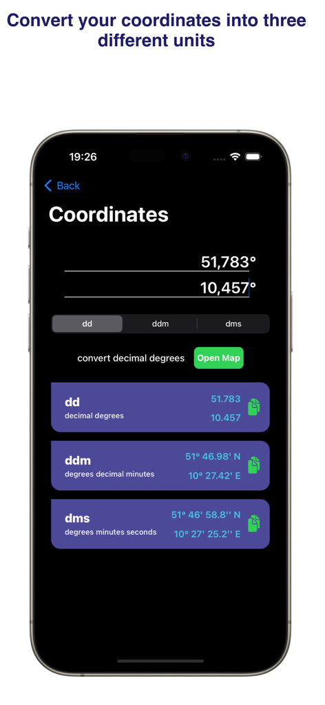 Marine Converter - Interface of Marine Converter app showing GPS coordinates conversion between decimal degrees and degrees minutes seconds