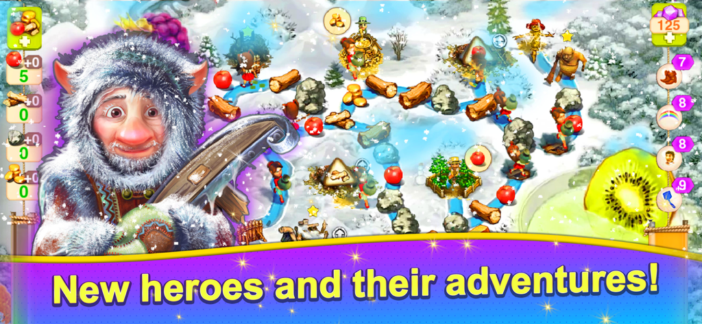 Brownies 2에서 모피 후드를 쓴 새로운 영웅과 리소스 관리 게임 플레이를 특징으로 하는 눈 덮인 레벨.