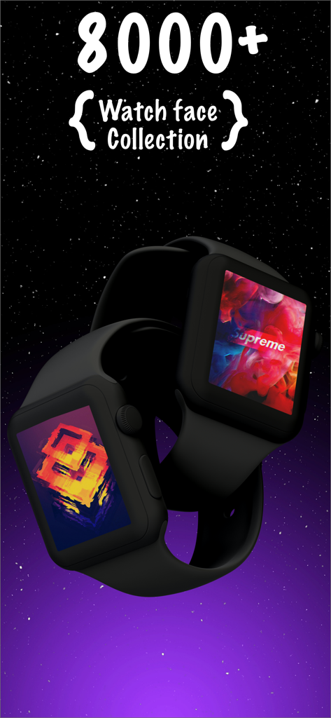 Watch Faces ®™ - Due Apple Watch che mostrano vivaci quadranti personalizzati astratti da una collezione di oltre 8000 design