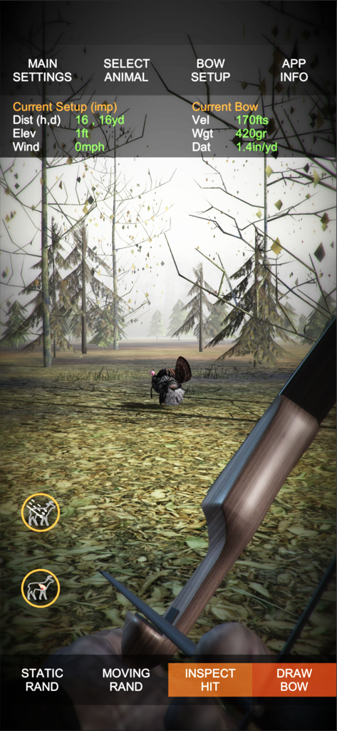 First-person perspective of a recurve bow aiming at a wild turkey in the Bow Hunt Simulator app showing technical ballistic data