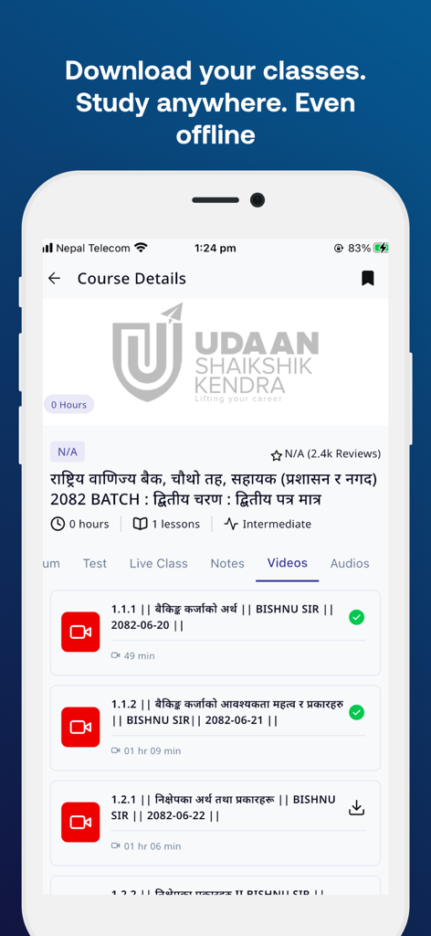 Udaan App - Interface of the Udaan Academy app showing course details and a list of video lessons available for offline study.