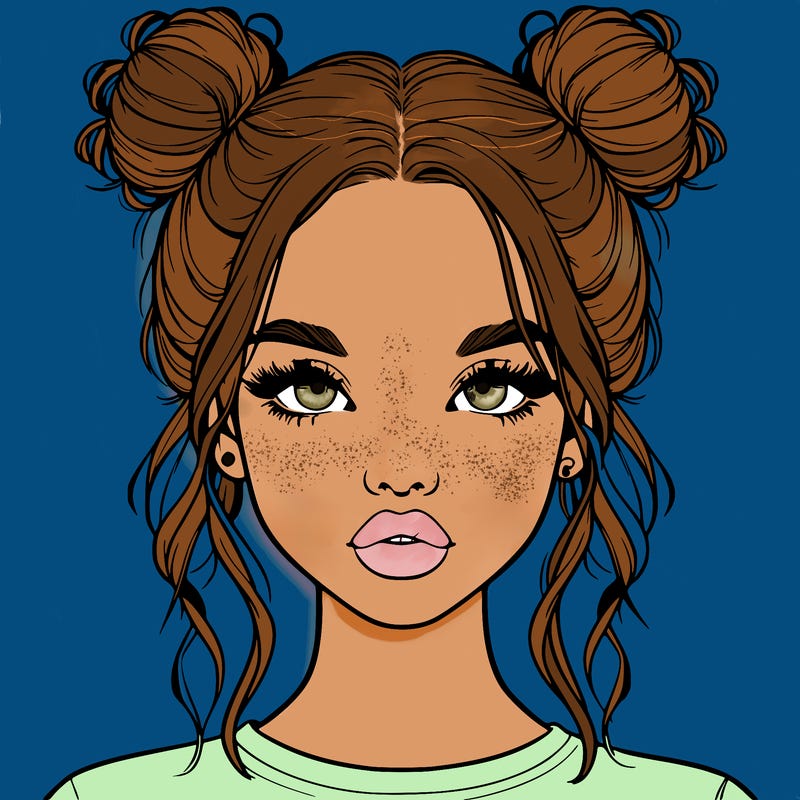 realistic girl with two buns in hair and lips