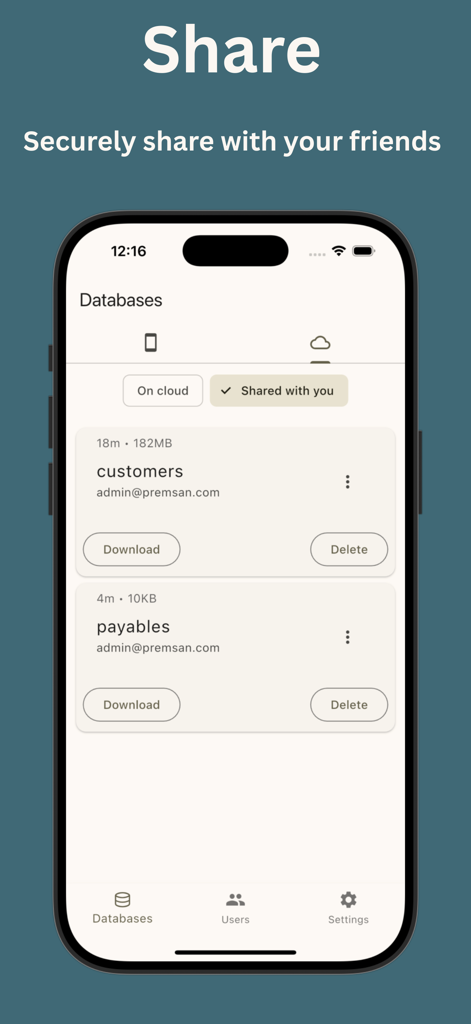 Smartphone screen showing the PhoneSQL app interface for sharing and managing local databases with options to download or delete shared files