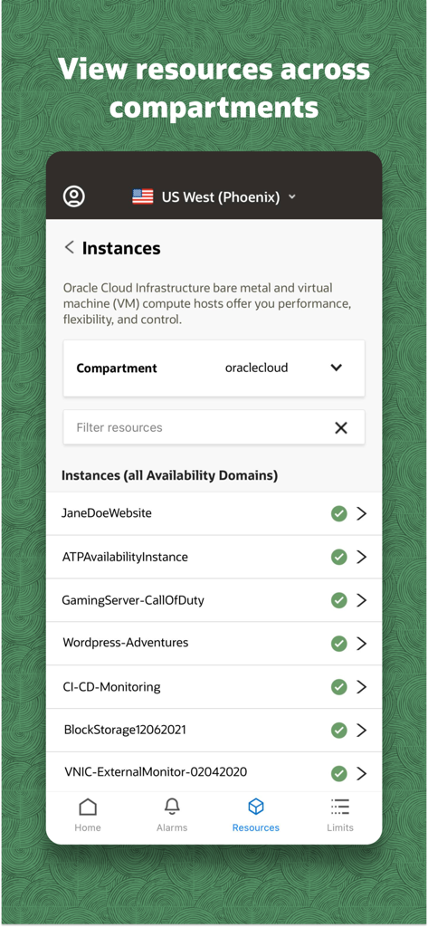 App mobile Oracle Cloud Infrastructure che visualizza un elenco di istanze di calcolo e il loro stato di salute