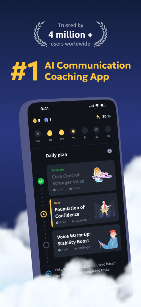 Smartphone screen showing the Vocal Image app interface with a daily plan for voice and confidence coaching exercises