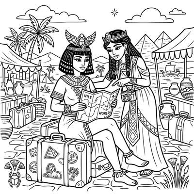 Join two majestic Queens of Egypt as they embark on an exciting global vacation, map in hand, ready to discover new wonders. This captivating coloring page combines historical elegance with the thrill of travel, perfect for an imaginative escape.