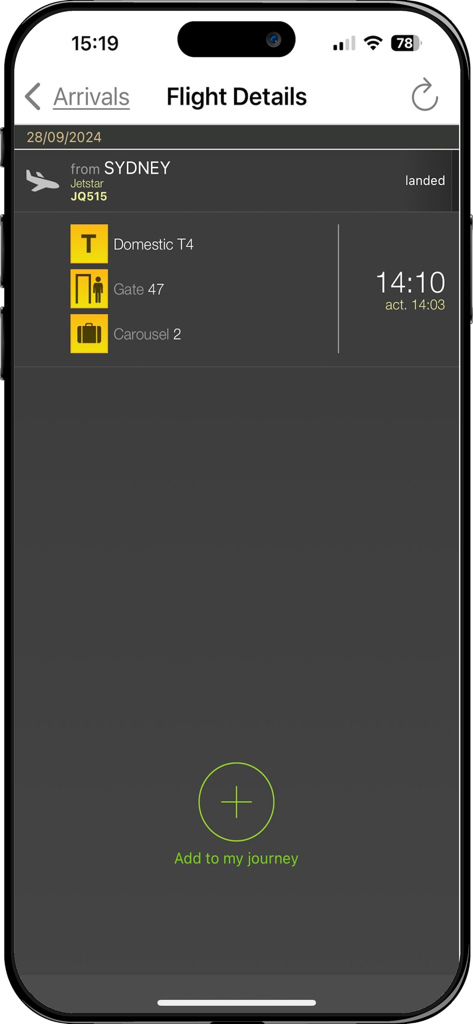 Melbourne Airport - Melbourne Airport app flight details screen showing terminal gate and baggage carousel information for an arrival flight