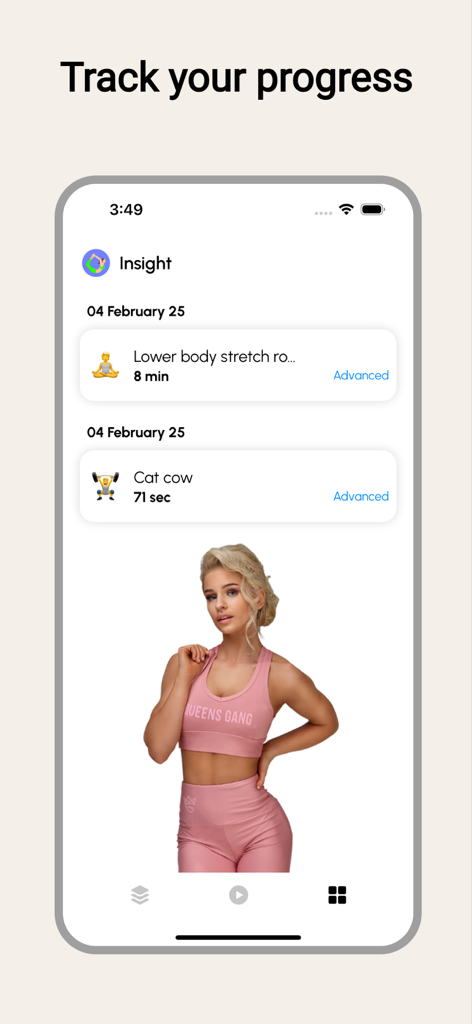 Stretch Bend Flexible: GetBend - Pantalla de smartphone que muestra la pantalla de información de la aplicación GetBend para rastrear el historial de sesiones de estiramiento