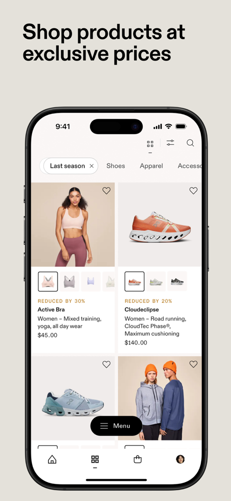 On: Shop Shoes & Apparel - Smartphone screen showing the On app shopping interface with discounted running shoes and activewear.