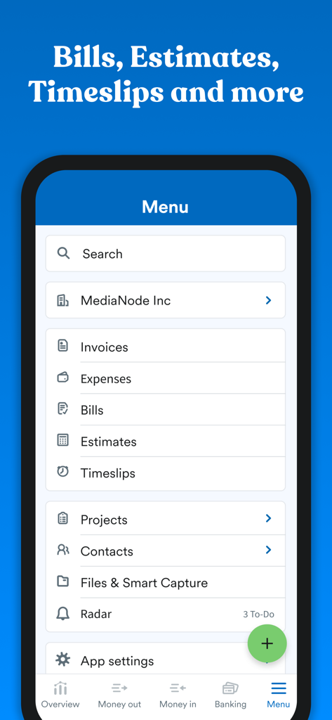 Main menu of the FreeAgent Mobile Accounting app displaying options for invoices, expenses, bills, and estimates.