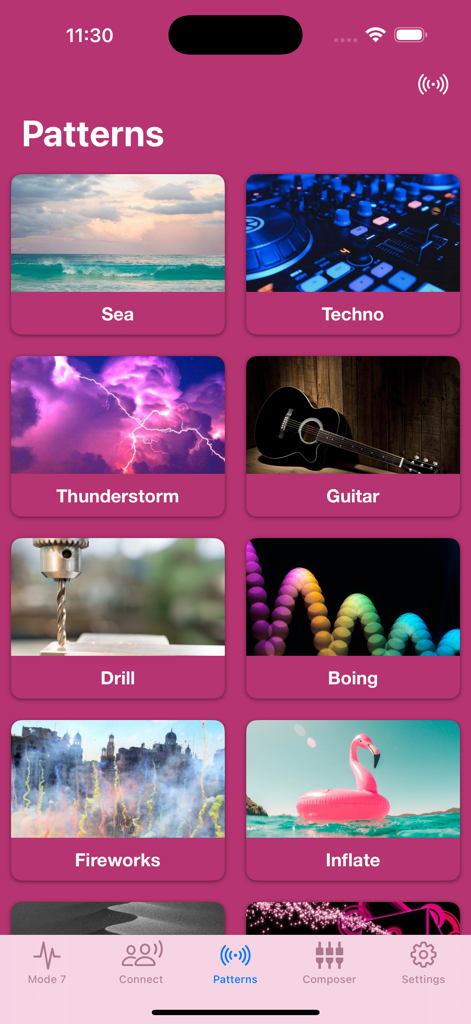 VibraTool - Vibrator Too‪l‬ - VibraTool app interface displaying a menu of different vibration patterns like Sea Techno and Thunderstorm