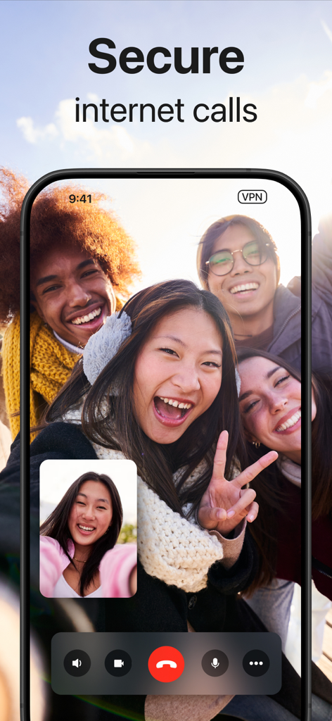 Toggle VPN for Secure Internet - Una pantalla de teléfono inteligente que muestra una videollamada grupal con el titular "Llamadas seguras por Internet" representando las funciones de privacidad de la aplicación para nativos digitales.