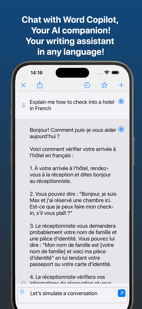 GeminAI app chat interface showing the AI assistant translating and explaining hotel check-in procedures in French.