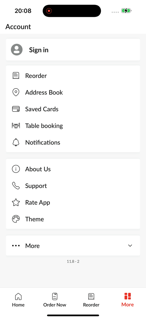 Account settings menu of the Foodmandu app showing sign in and profile options