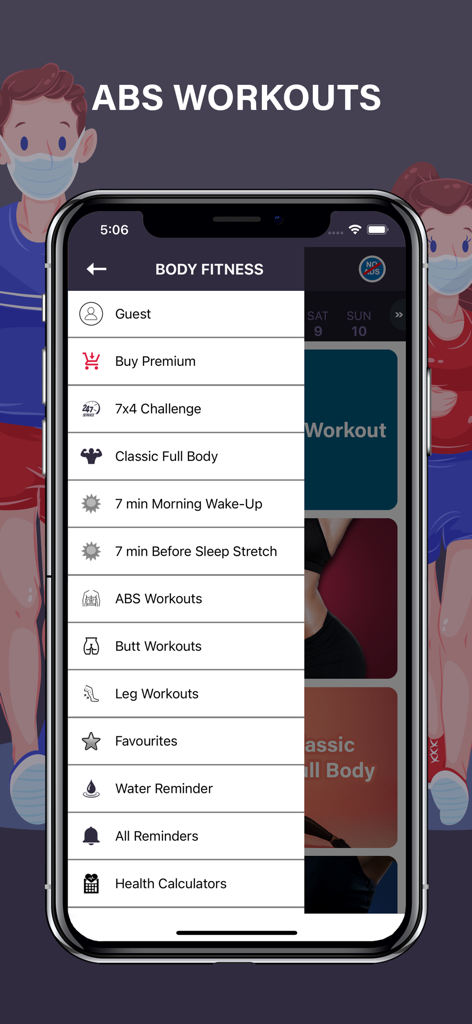 Abs Workout Fit Body Exercises - Un teléfono móvil que muestra el menú de selección de ejercicios de la aplicación Abs Workout, que incluye desafíos de 7 minutos y ejercicios para partes específicas del cuerpo.