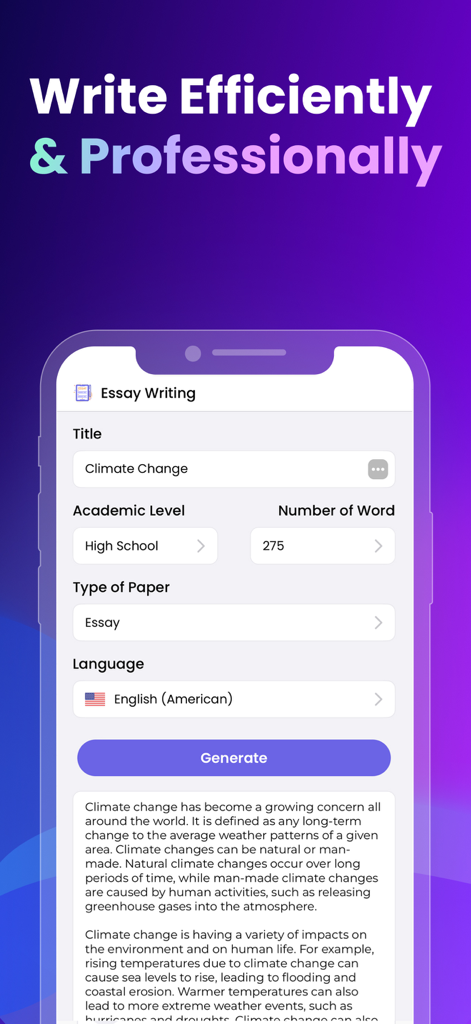 Japer AI - WritBot - Interfaz de la aplicación móvil WritBot que muestra la herramienta de escritura de ensayos impulsada por IA con contenido generado