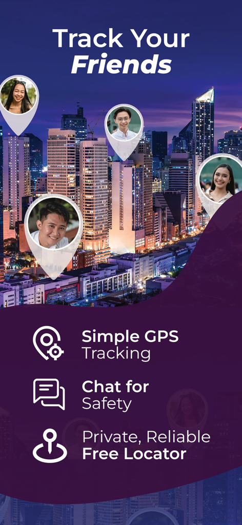 Phone tracker app screen showing real-time GPS location of friends on a city map with features for safety chat and private location tracking.