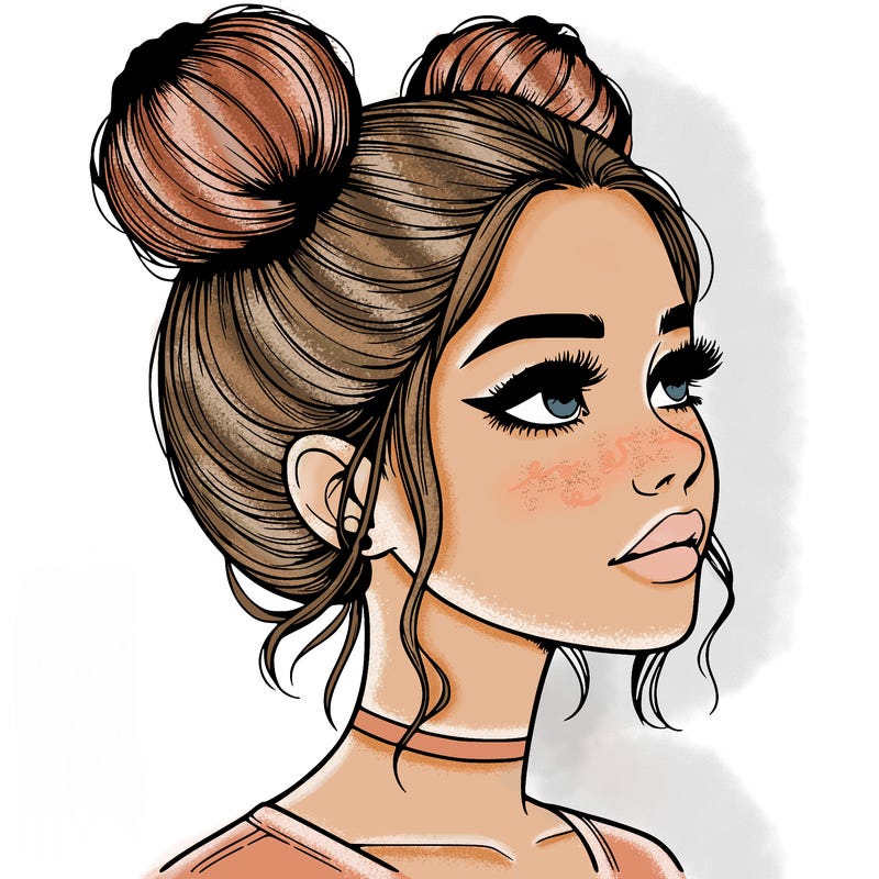 realistic girl with buns on the top of her head