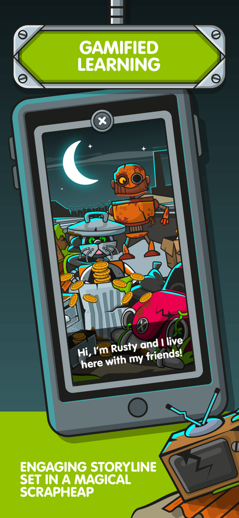 NumBots - NumBots App-Oberfläche, die die Figur Rusty in einem Schrottplatz mit Texten zum gamifizierten Lernen zeigt