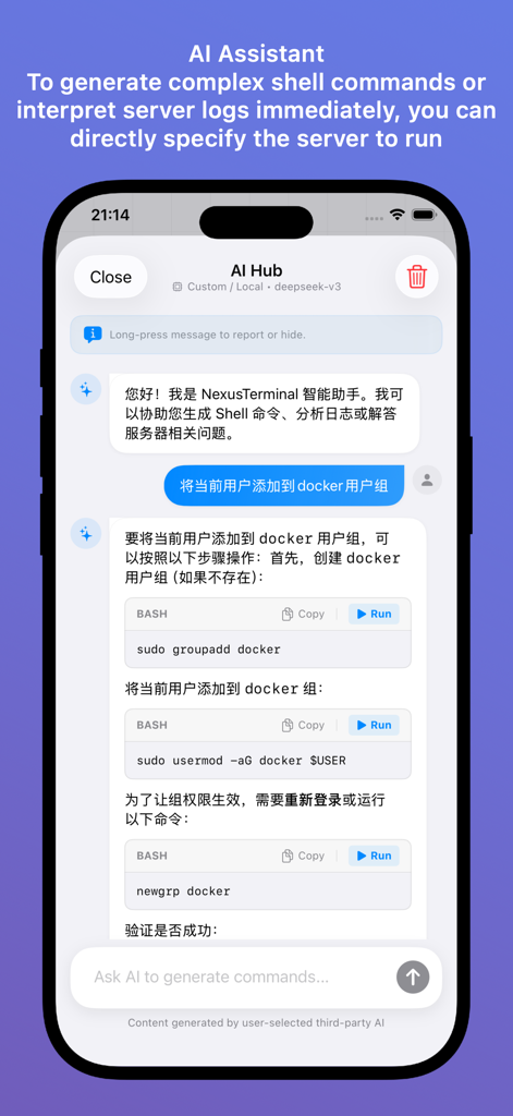 Nexus Terminal - Nexus Terminal AI assistant interface generating shell commands for server management
