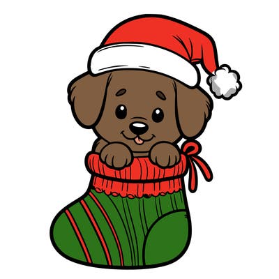 cute puppy wearing santa hat in socking