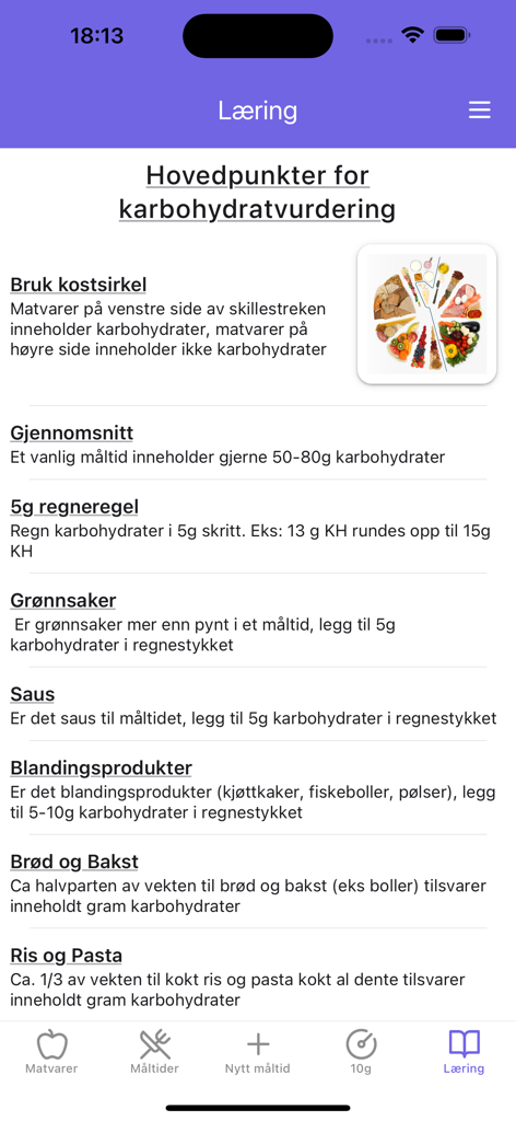 Schermata educativa dell'app Karbo and Insulin che mostra suggerimenti e regole per il conteggio dei carboidrati.